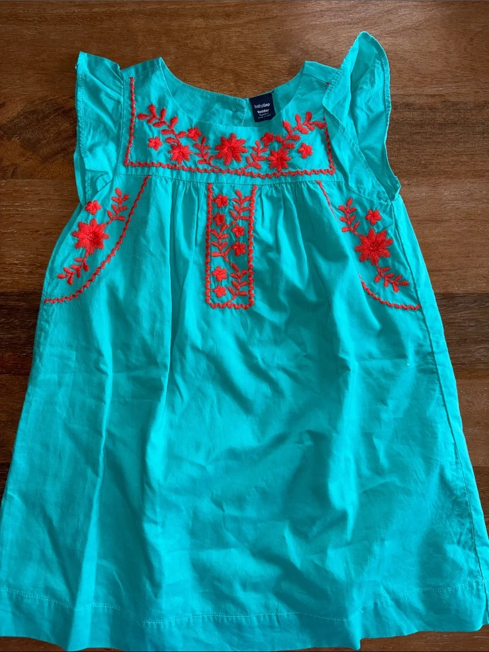 GAP Girls Turquoise Dress with Red Floral Embroidery